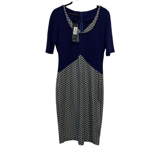 Homeyee Women’s Dress - Size 8 - Elegant Navy & Geometric Print Midi Dress - Picture 1 of 4